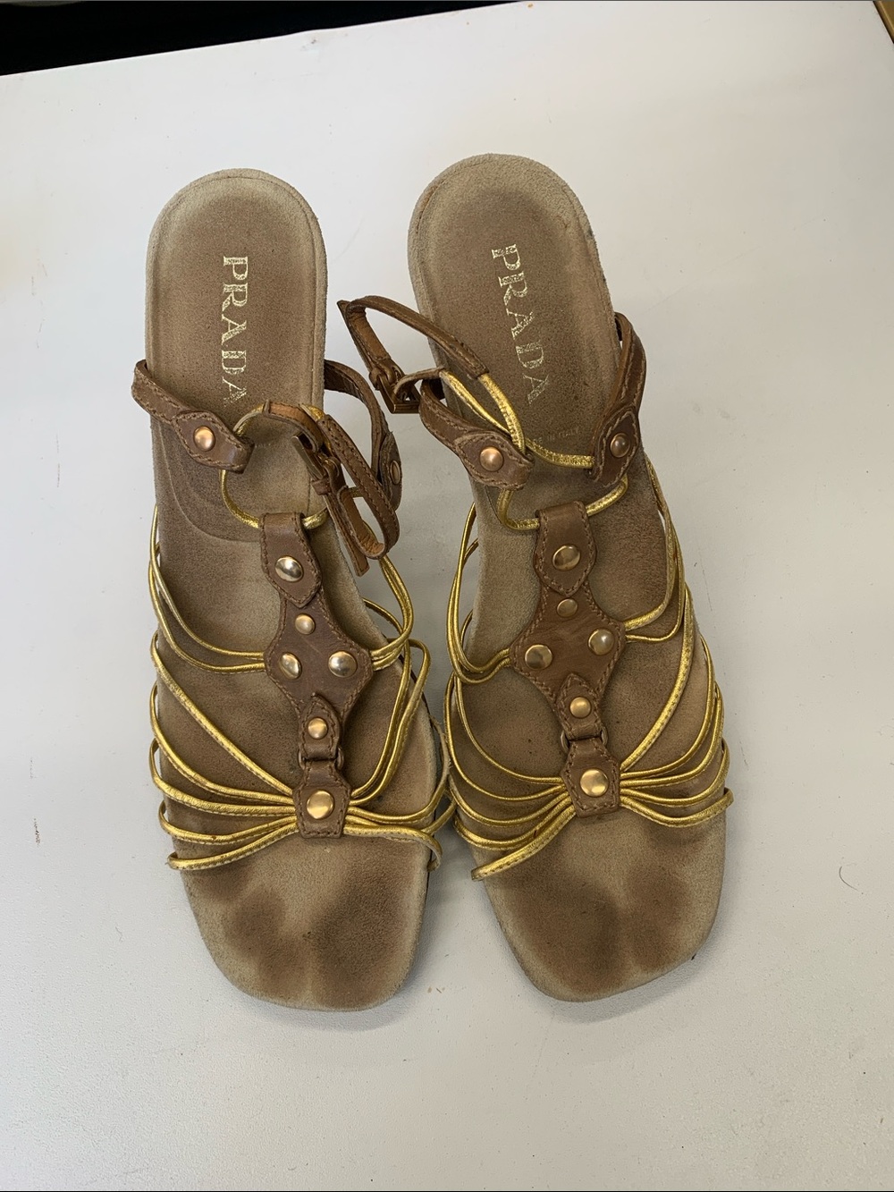Prada Brown Suede Sandals with Gold Rope Detailing
